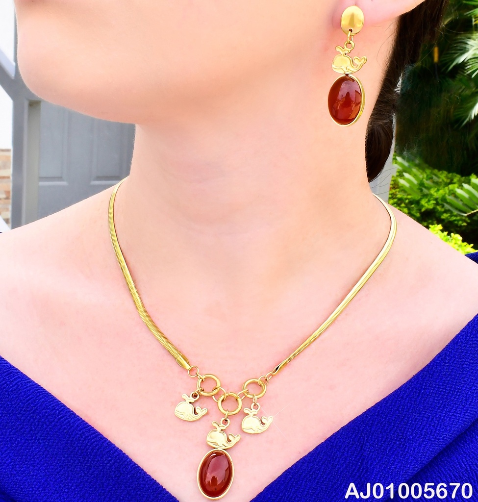 SET DORADO/CADENA SERPIENTE/BALLENA/PIEDRA OV. KS226401-FA