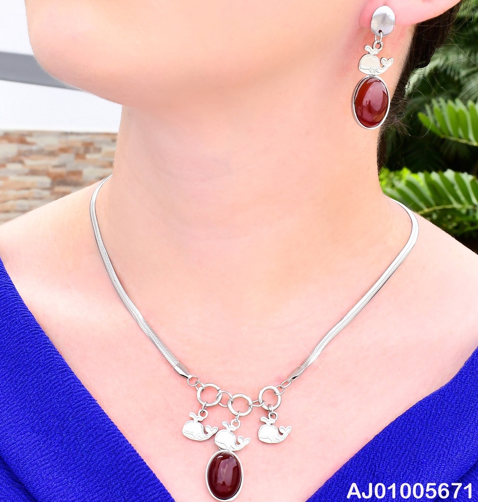 SET PLATEADO /CADENA SERPIENTE/BALLENA/PIEDRA OV. KS226401-FA