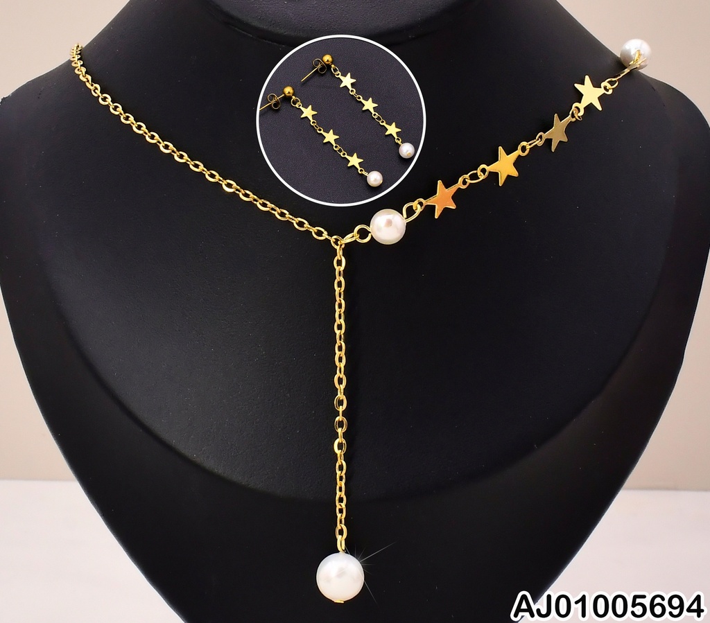 SET DORADO/ARETES COLGANTES ESTRELLAS/PERLAS KS188664-DL