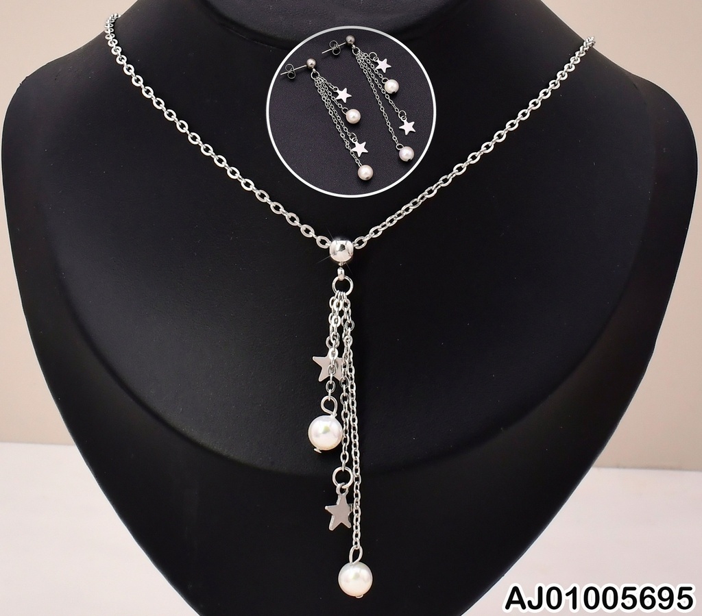 SET PLATEADO/ARETES COLGANTES ESTRELLAS/PERLAS KS188665-DL