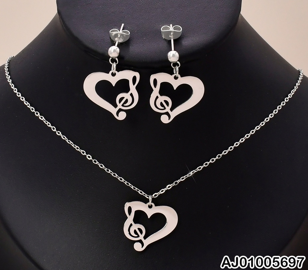 SET PLATEADO CROQUI CORAZÓN SÍMBOLO MUSICAL KS190469-Z
