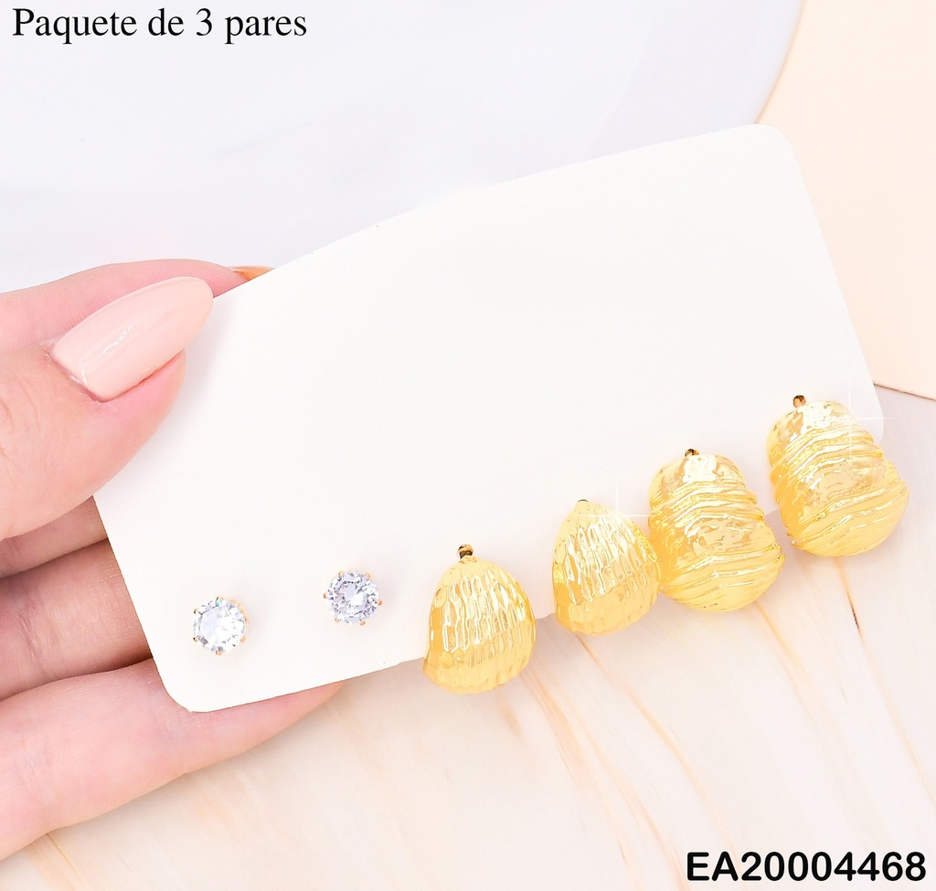 PAQ. 3 PARES ARETES GALVANOPLASTIA ZIRC/"C" RAYAS/HOJA SE986-301