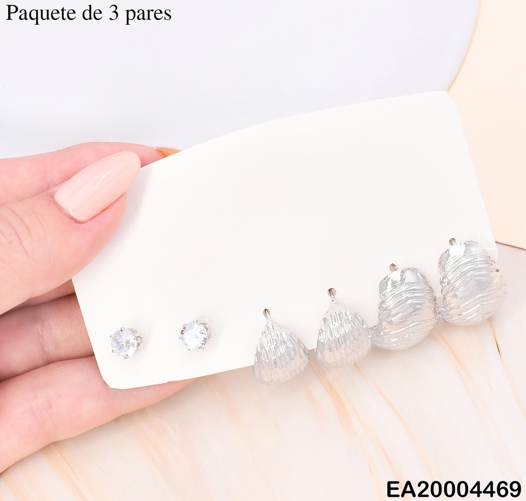 PAQ. 3 PARES ARETES GALVANOPLASTIA ZIRC/"C" RAYAS/HOJA SE987-301