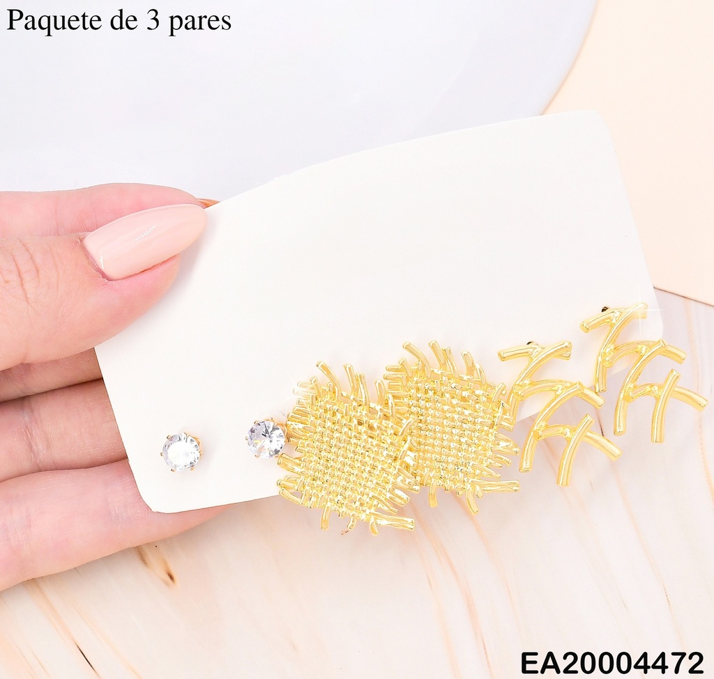 PAQ. 3 PARES ARETES GALVANOPLASTIA ZIRC/TEJIDO/LINEAS "X" SE988-301