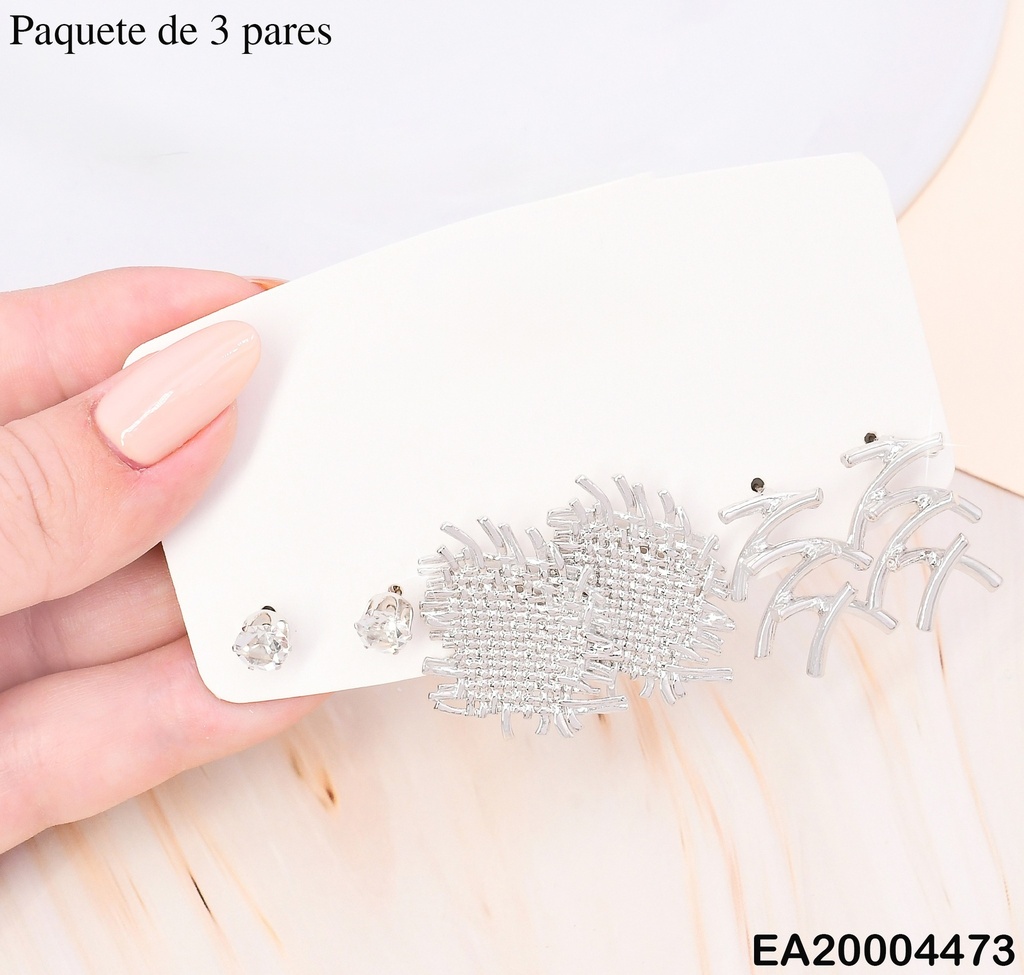PAQ. 3 PARES ARETES GALVANOPLASTIA ZIRC/TEJIDO/LINEAS "X" SE989-301