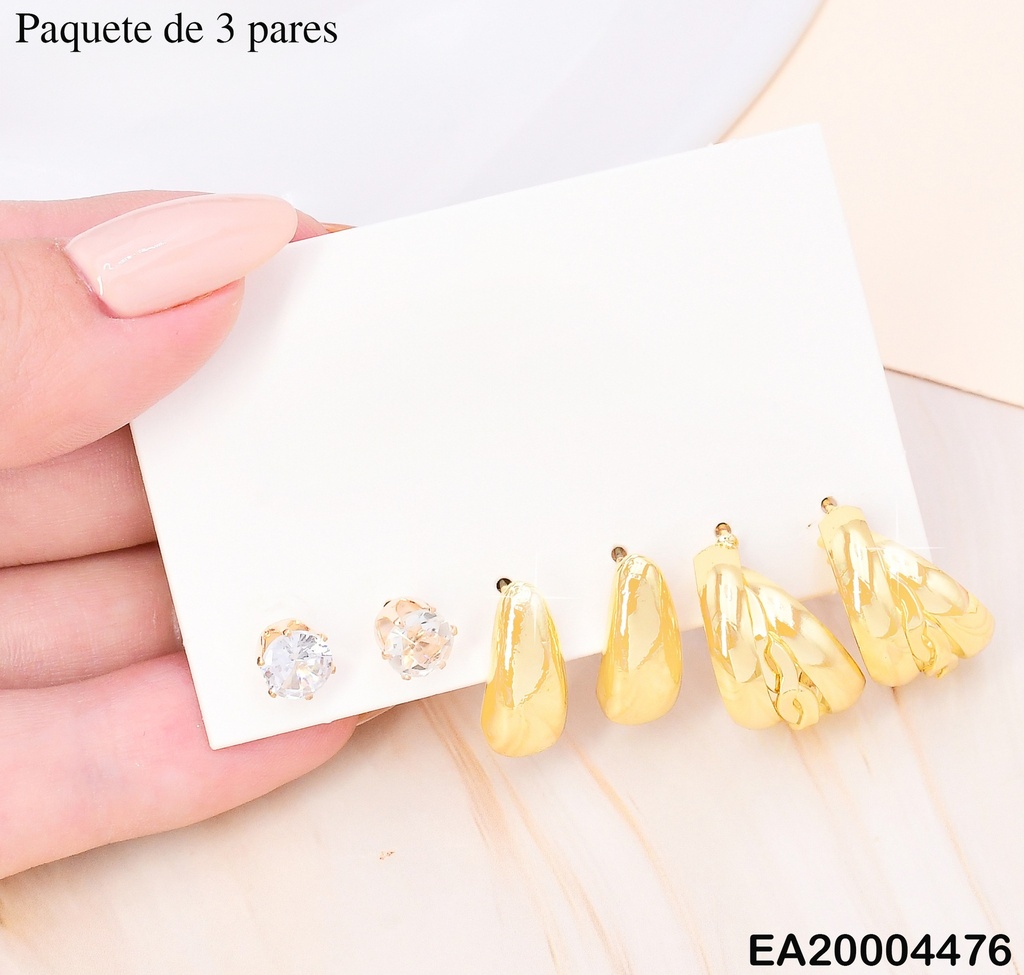 PAQ. 3 PARES ARETES GALVANOPLASTIA ZIRC/GOTA/"C" TRENZADO SE956-301
