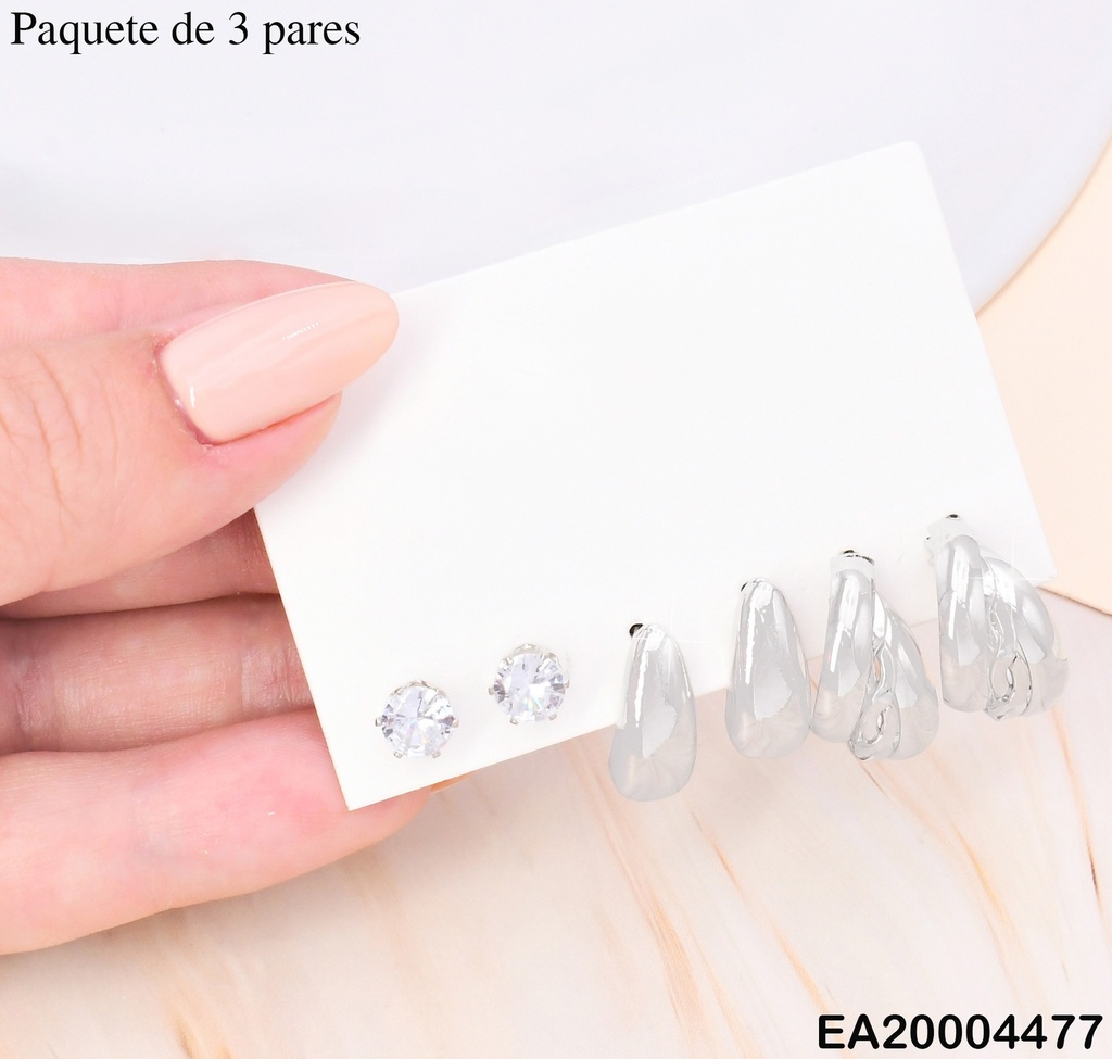 PAQ. 3 PARES ARETES GALVANOPLASTIA ZIRC/GOTA/"C" TRENZADO SE956-301