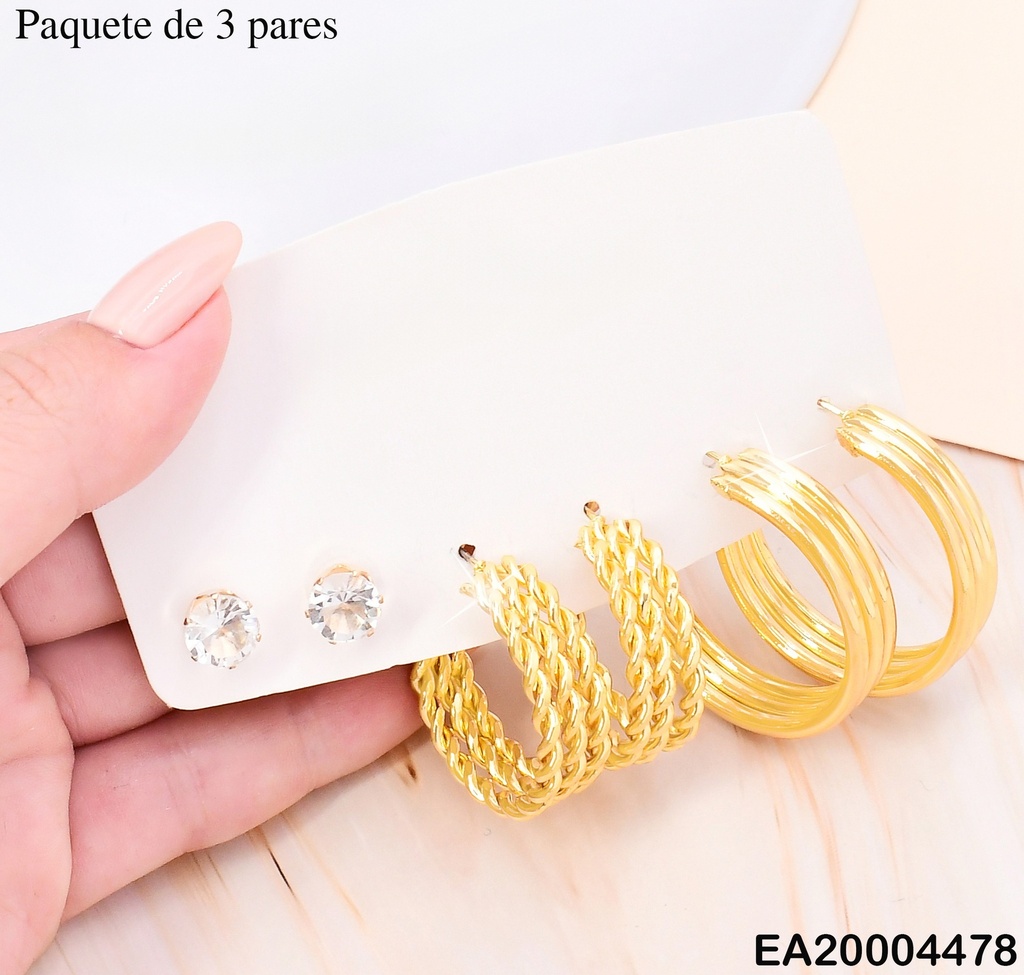 PAQ. 3 PARES ARETES GALVANOPLASTIA ZIRC/"C" ENTRELAZADAS/"C" LISA SE960-301