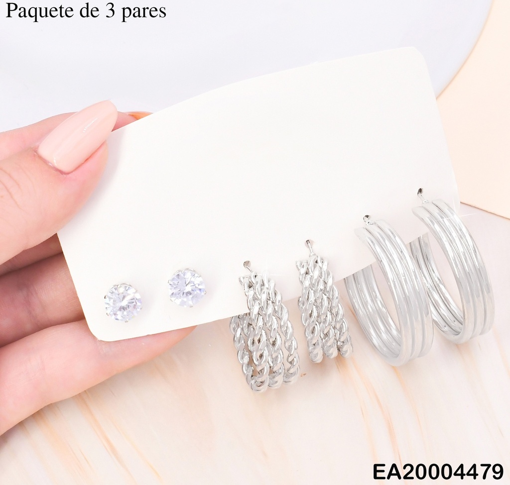 PAQ. 3 PARES ARETES GALVANOPLASTIA ZIRC/"C" ENTRELAZADAS/"C" LISA SE961-301