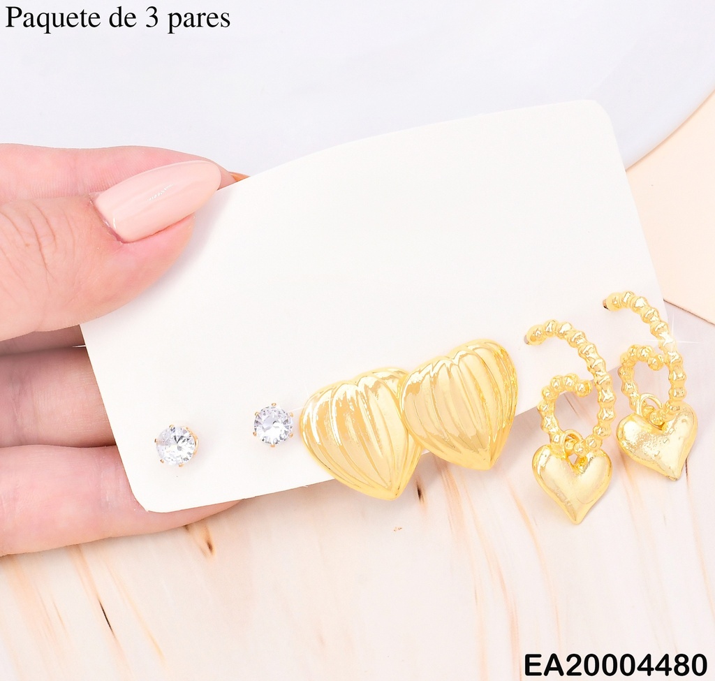 PAQ. 3 PARES ARETES GALVANOPLASTIA ZIRC/CORAZON/"G" ❤️ SE942-301