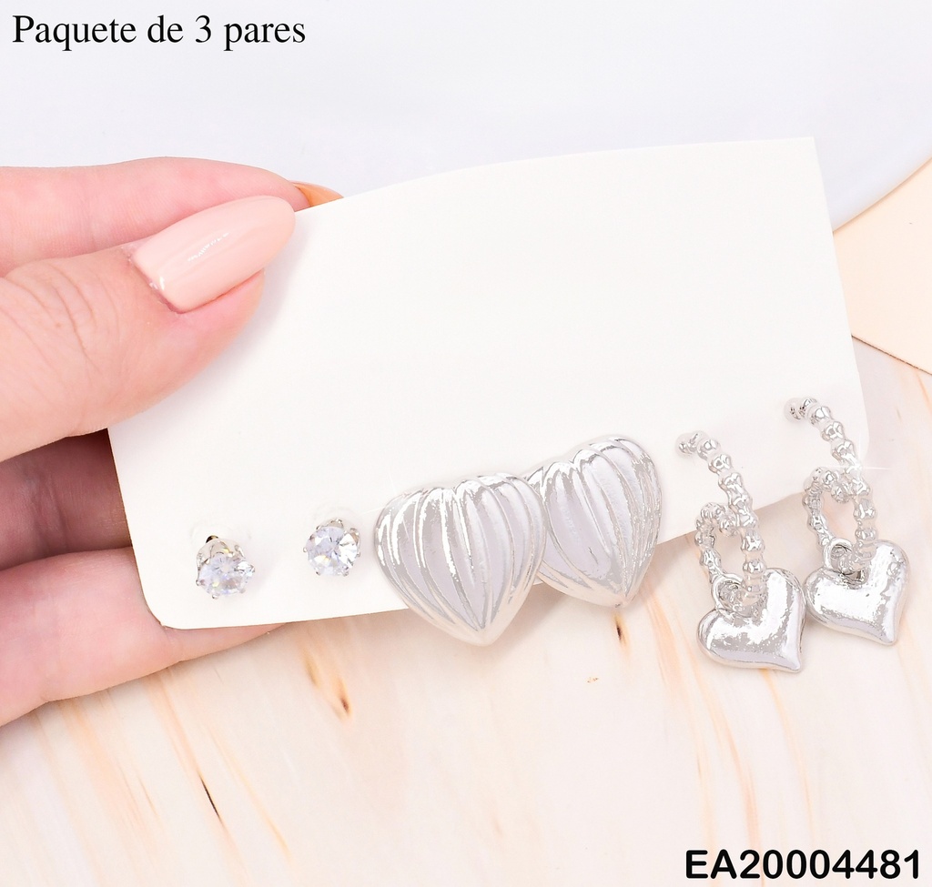 PAQ. 3 PARES ARETES GALVANOPLASTIA ZIRC/CORAZON/"G" ❤️ SE943-301