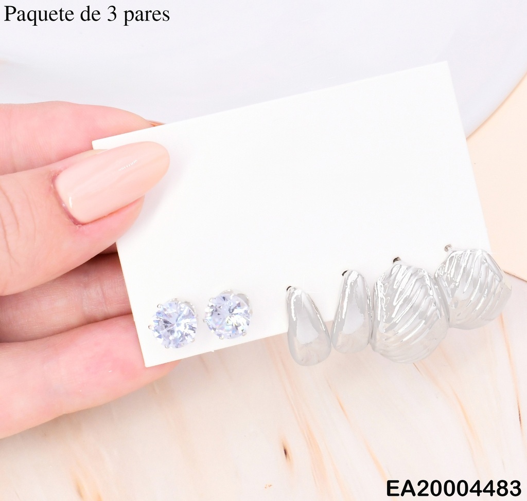 PAQ. 3 PARES ARETES GALVANOPLASTIA ZIRC/GOTA/PLACA RAYAS DIAG. SE967-301