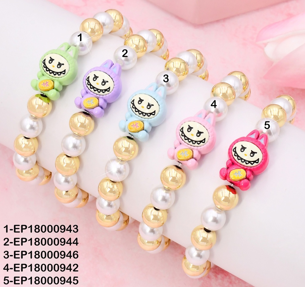 PULSERA PELOTAS DOR-PERLAS LABUBU ROSA BE736-5
