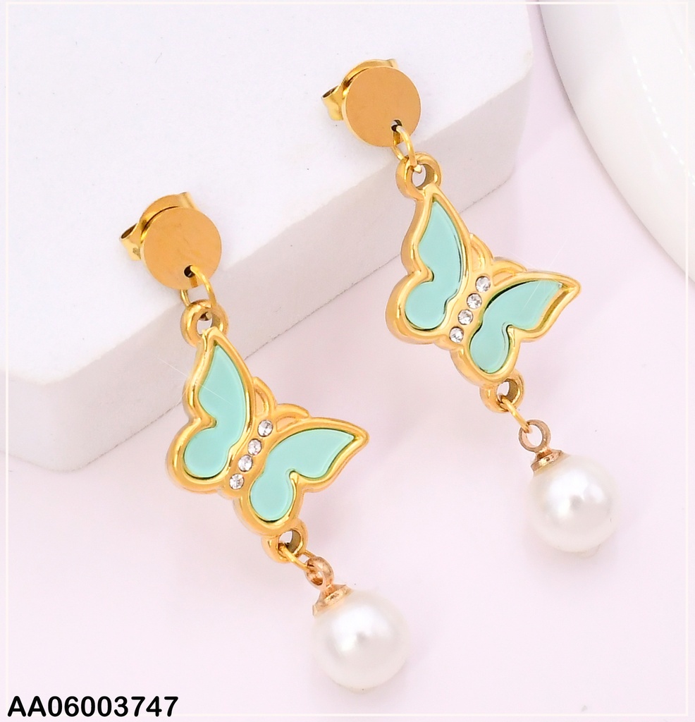 ARETES DOR CIRCULO DOR/MARIPOSA VERDE/ PERLA KE103661-TLA