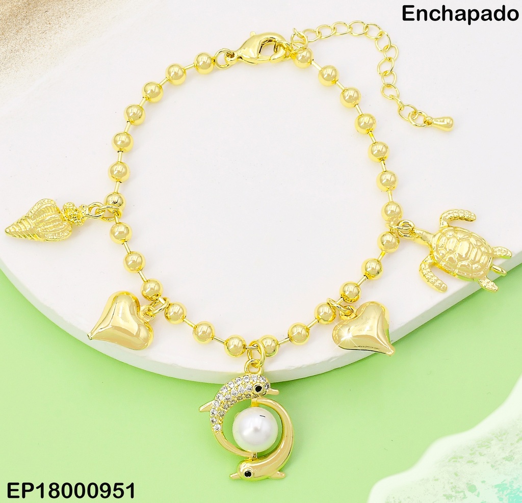 PULSERA PELOTITAS DIJES VARIOS,2 DELFINES C/PERLA BE746-9