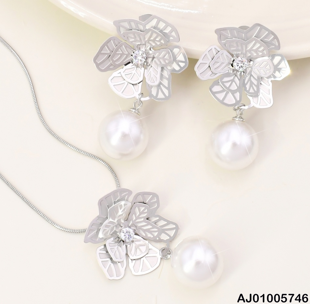 SET PLAT FLOR ZIRC. CENTRO / PERLA COLGANTE SA1164-45