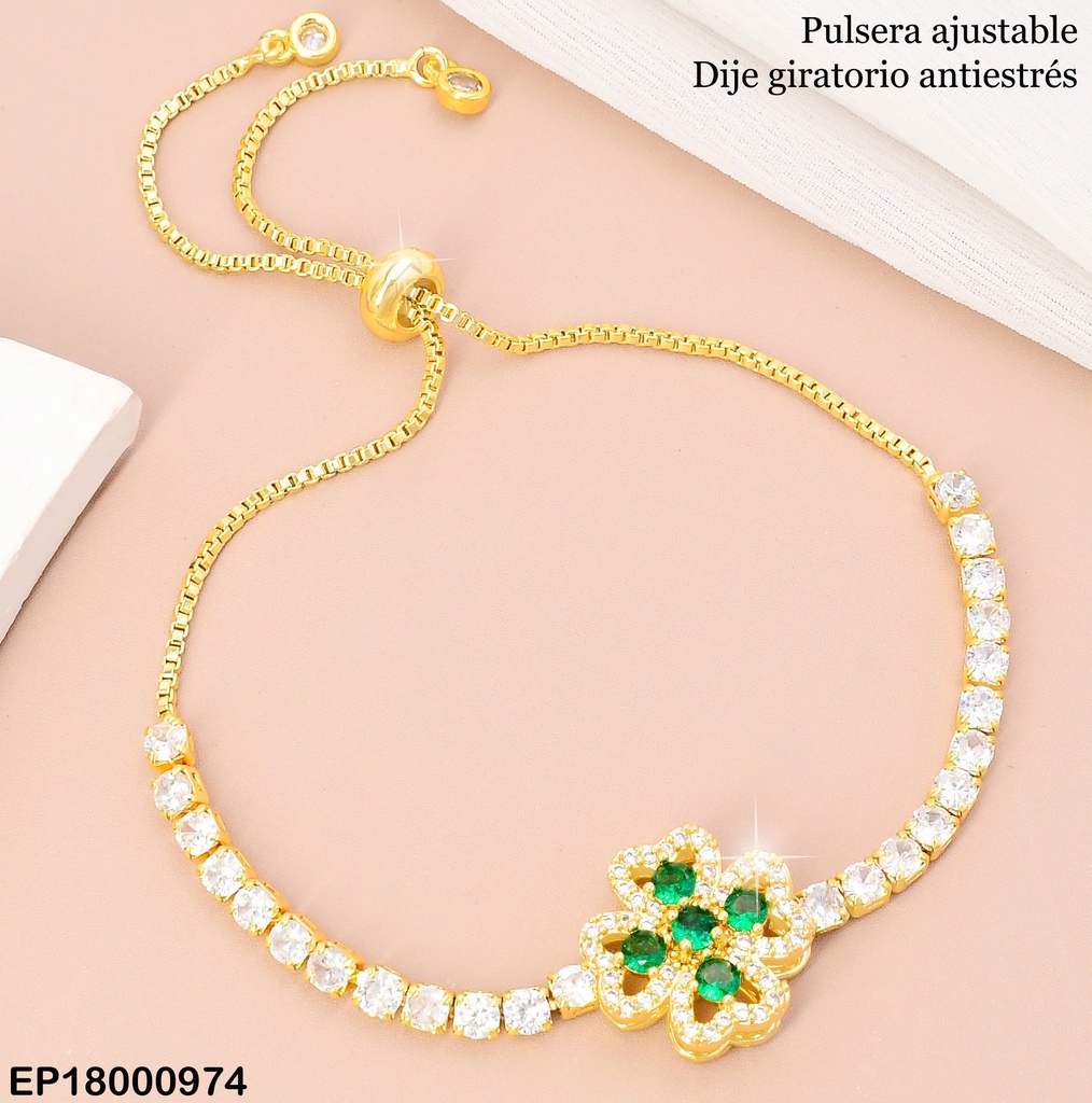 PULSERA DOR FLOR ZIRC. VERDE/ ZIRC. RD CRISTAL BE700-9