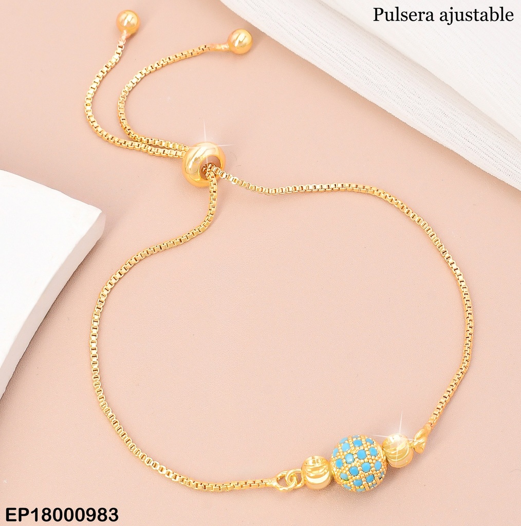 PULSERA DOR AJUSTABLE PELOTA ZIRC CELESTE/RELIEVE AMBOS LADOS BE780-332