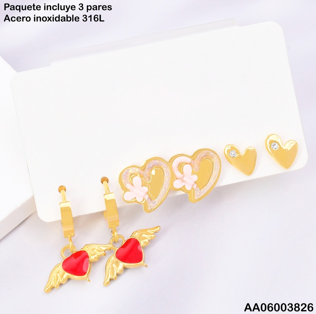 PAQ.3 PARES ARETES CORAZONES C/ALAS/MARIPOSA/ZIRC. SA1267-45