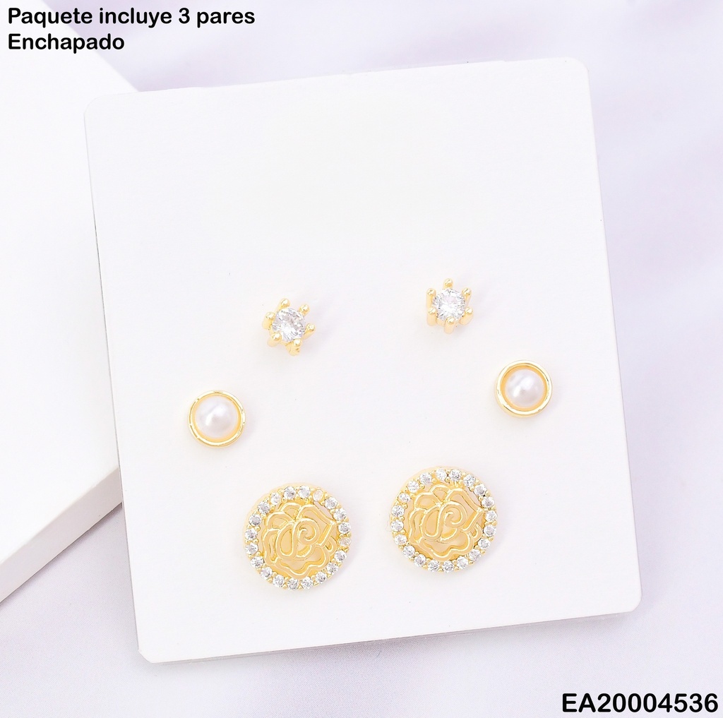 PAQ. 3 PARES ARETES DOR ROSA/ PERLA/ZIRC. SE878-3