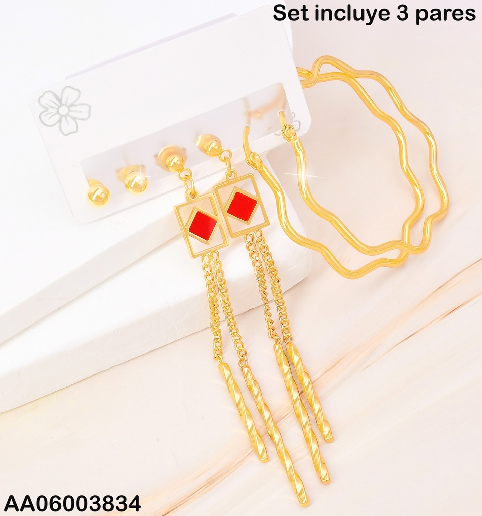 PAQ. 3 PARES ARETES PELOTITAS/RECT. CORAZON CENTRO/ ARGOLLA FLOR SA1137-270