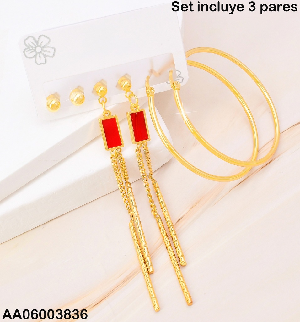 PAQ. 3 PARES ARETES PELOTITAS/RECT. ROJO/ARGOLLA RD SA1138-270
