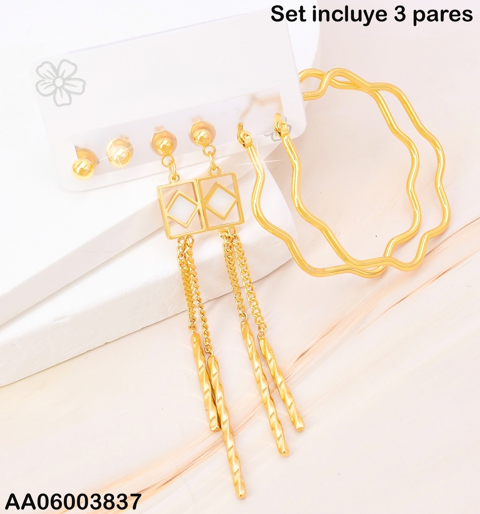 PAQ. 3 PARES ARETES PELOTITA/RECT. ROMBO CENTRO/ ARGOLLA FLOR SA1124-270