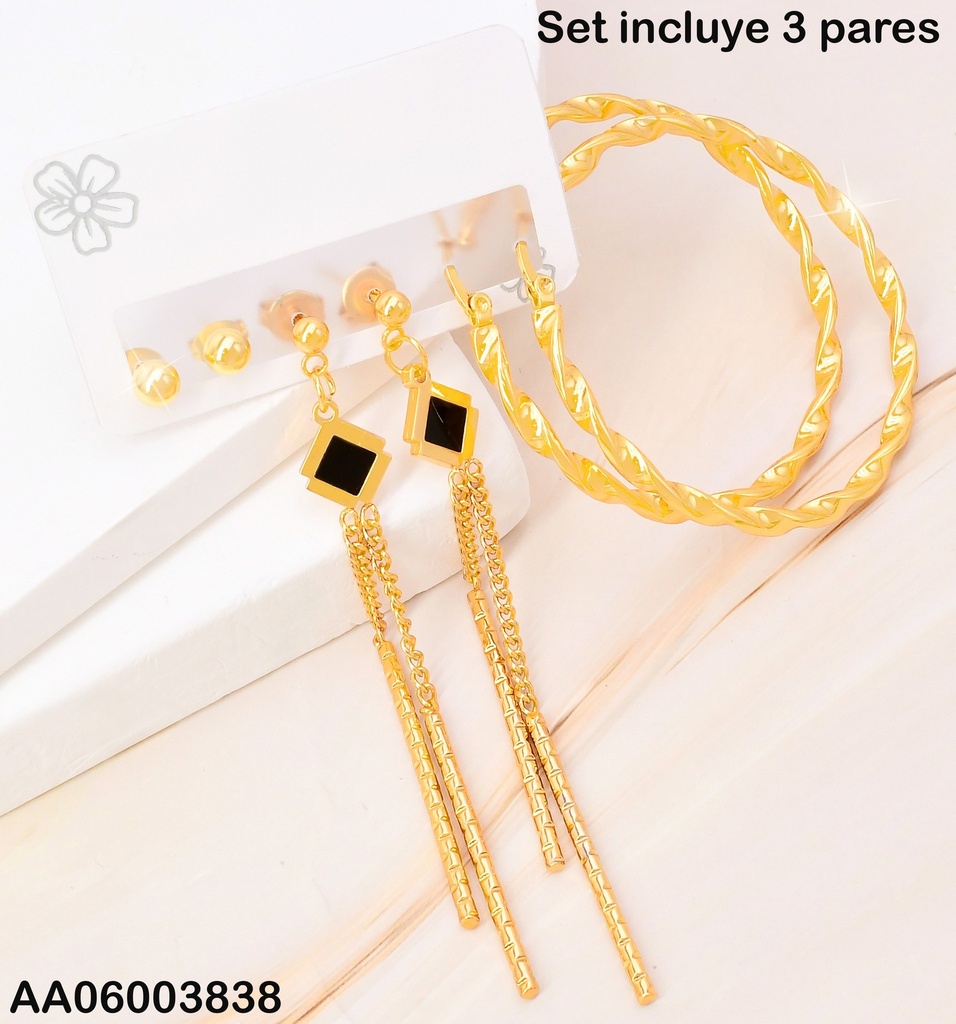 PAQ. 3 PARES ARETES PELOTITA/ ROMBO NEGRO/ ARGOLLA TORNEADA SA1133-270