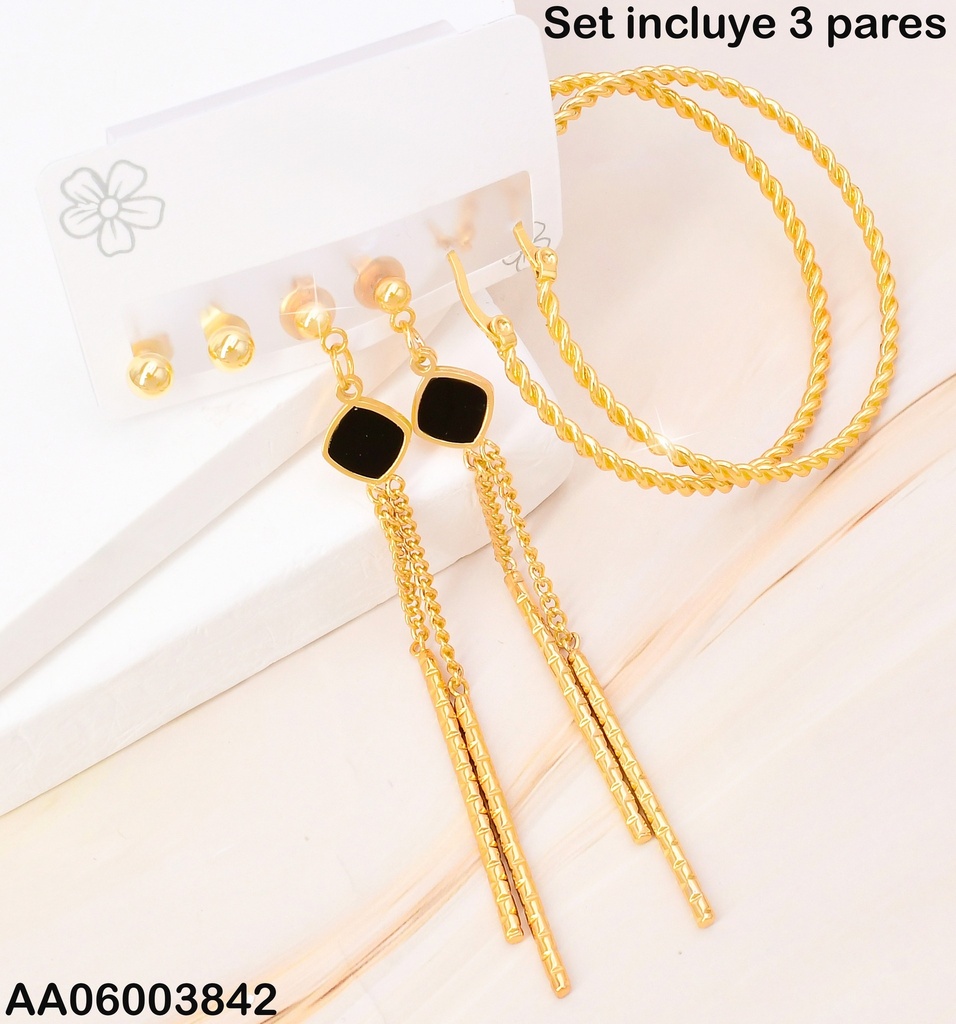 PAQ. 3 PARES ARETES PELOTITAS/ROMBO NEGRO/ARGOLLA TORNEADA SA1130-270