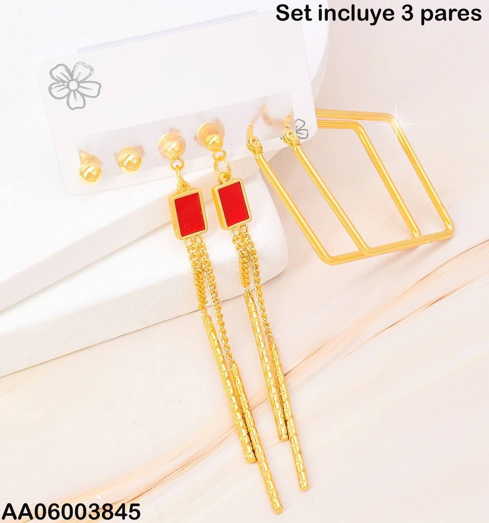 PAQ. 3 PARES ARETES PELOTITA/ RECT. ROJO/ARGOLLA ROMBO SA1136-270