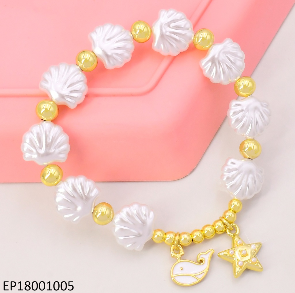PULSERA OSTRAS BLANCAS/PELOTITAS DOR.DIJES:🐋/⭐BE747-294
