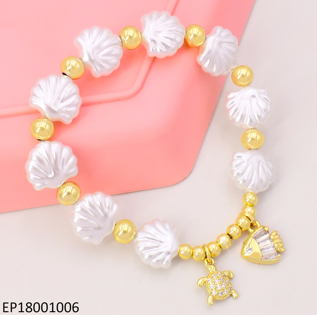 PULSERA OSTRAS BLANCAS/PELOTITAS DOR.DIJES:🐋/⭐BE749-294