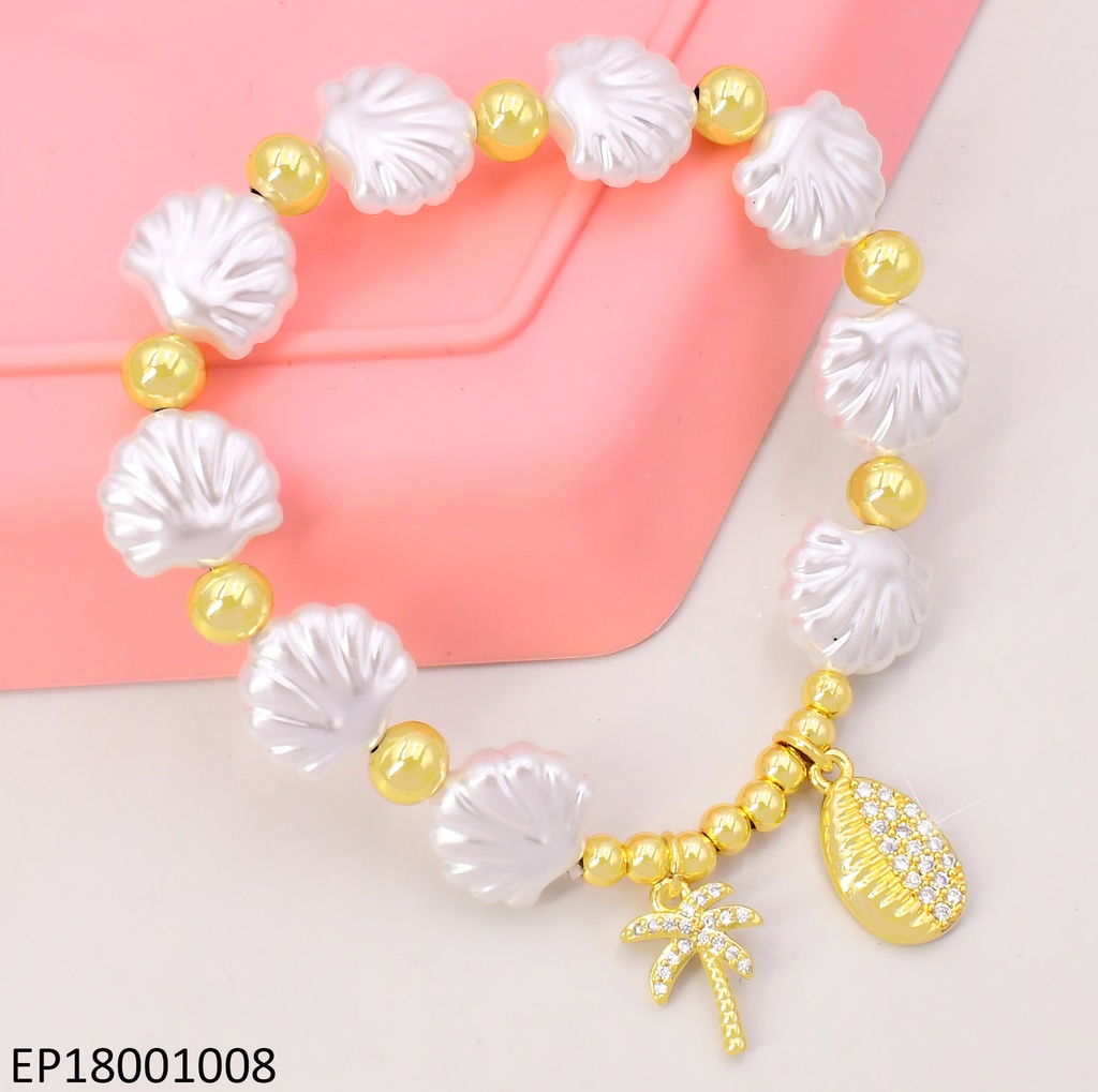 PULSERA OSTRAS BLANCAS/PELOTITAS DOR.DIJES:🌴/OV BE751-294