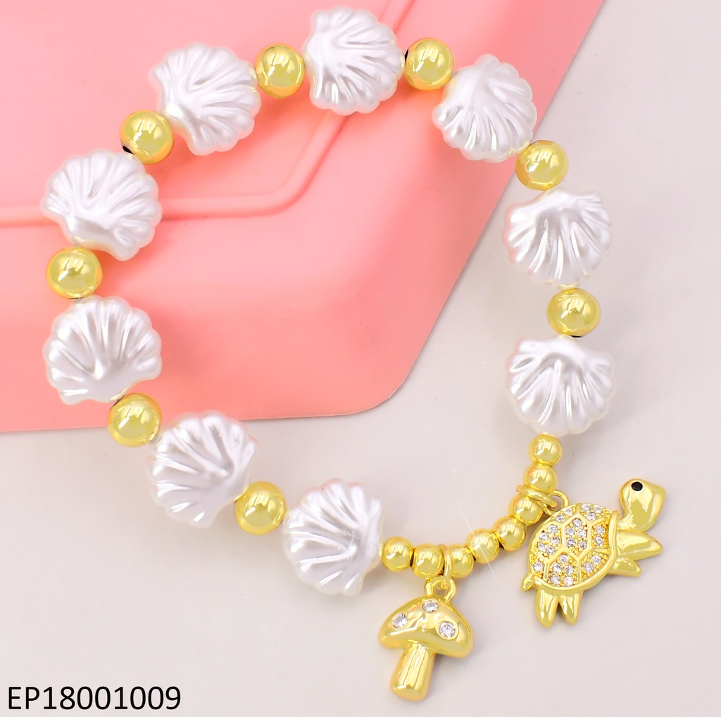 PULSERA OSTRAS BLANCAS/PELOTITAS DOR.DIJES:🍄/🐢 BE752-294