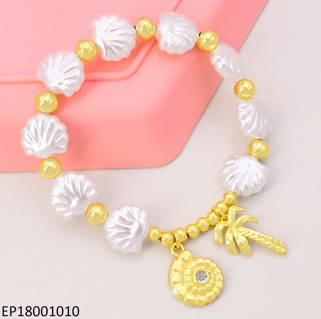 PULSERA OSTRAS BLANCAS/PELOTITAS DOR.DIJES:🐌/🌴 BE753-294