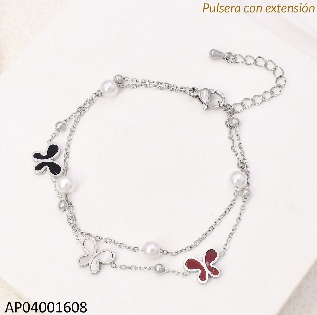 PULSERA PLAT. DOBLE MARIPOSAS/PERLITAS KB204089-SXSJ