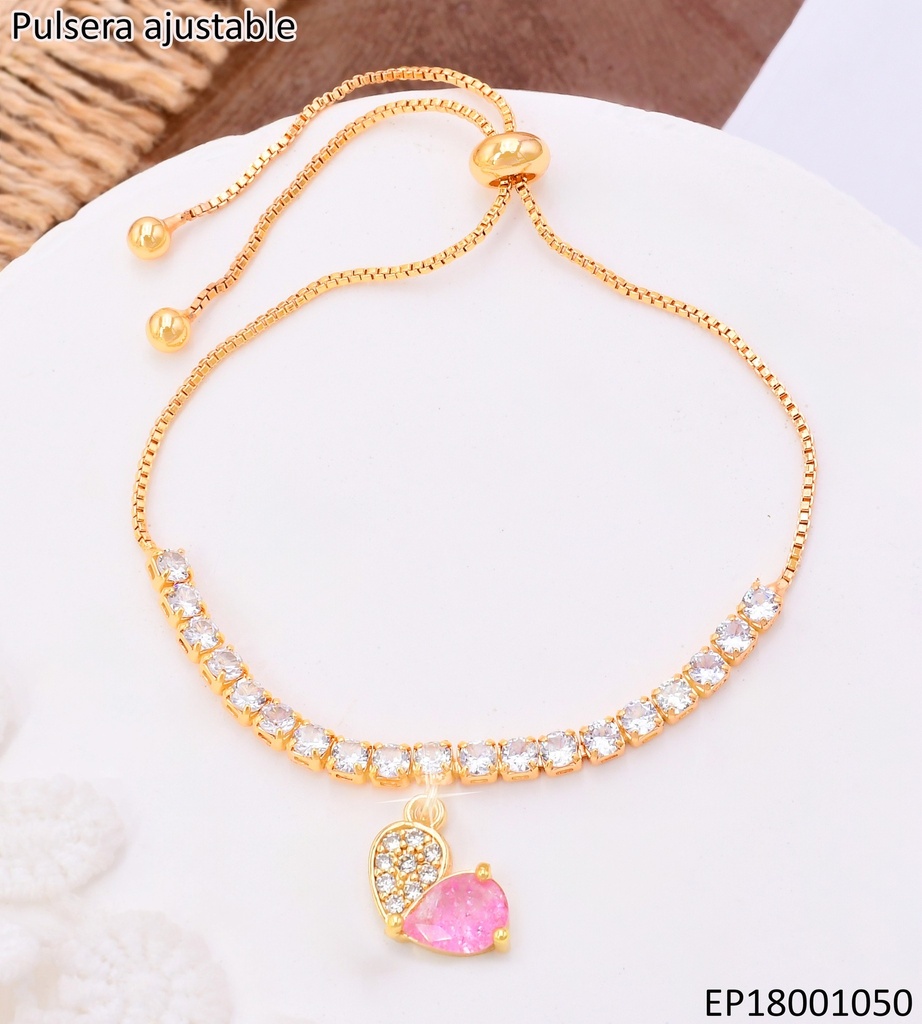 PULSERA AJUSTABLE ZIRC.DIJE:CORAZON ROSA/ZIRC BE784-332