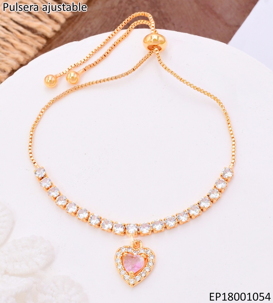 PULSERA AJUSTABLE ZIRC.DIJE:CORAZON ROSA BE788-332