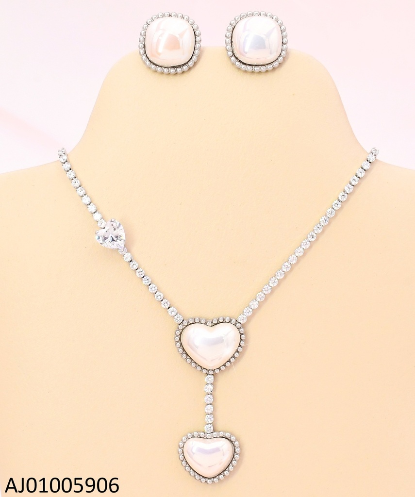 SET PLAT / ARETES CUADRADOS PERLA/ DIJES CORAZONES ZIRC & PERLA KS225712-AF