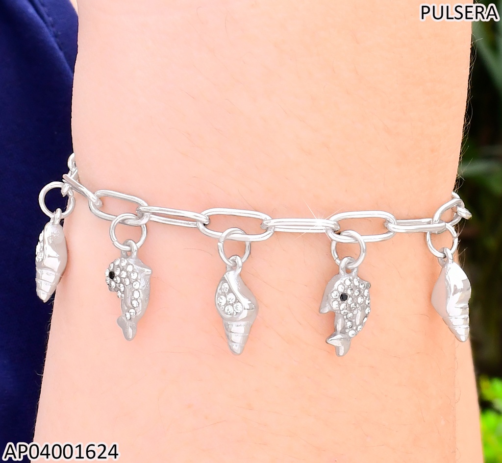 PULSERA PLA.ESLAB LARGOS DIJES:DELFINES ZIRC./CARACOL KB203285-Z