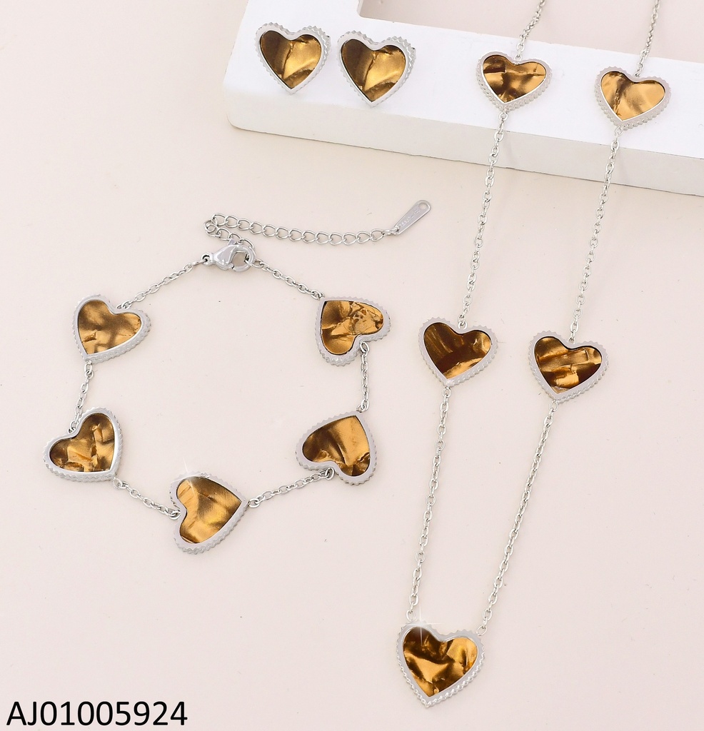 SET PLAT 5 CORAZONES CAFES C/PULSERA 0017330-680