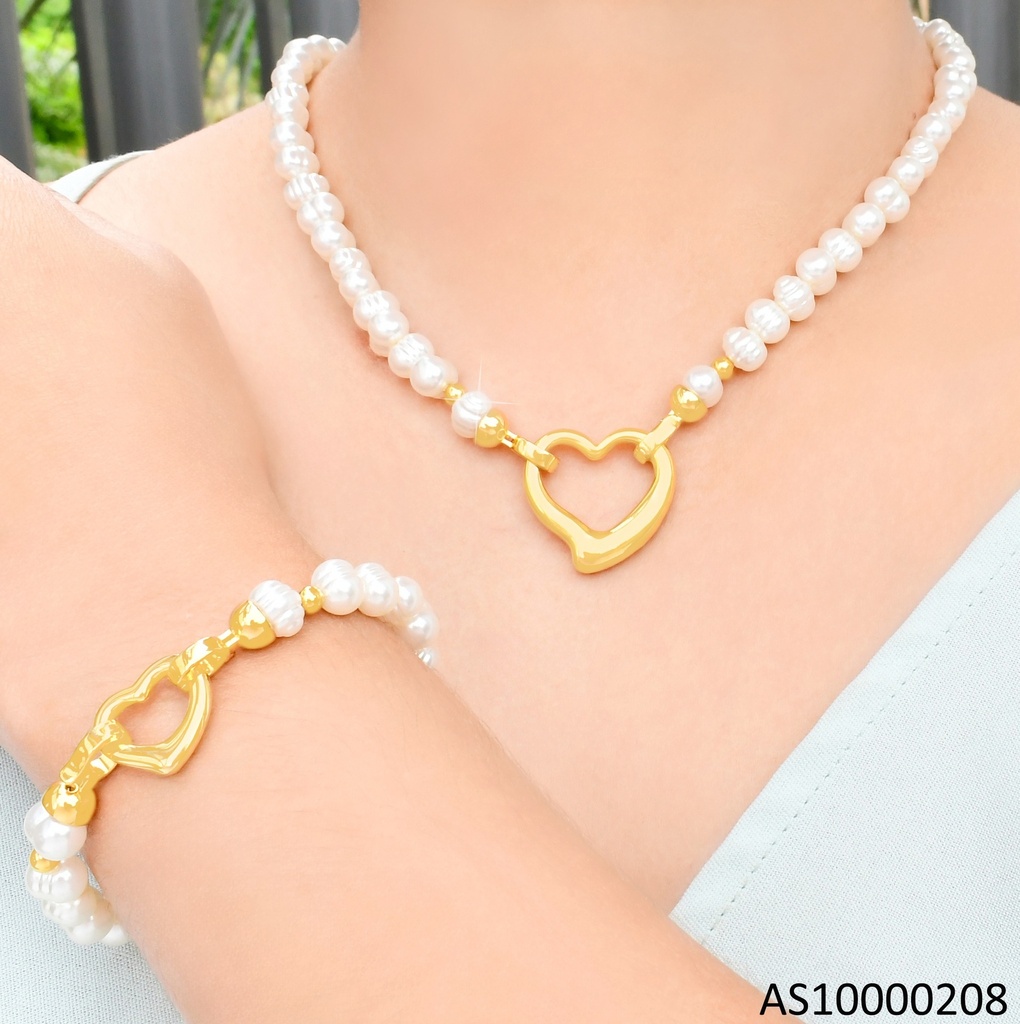 SET DORADO PERLAS CADENA/PULSERA DIJE CROQUI CORAZON SA1074-45