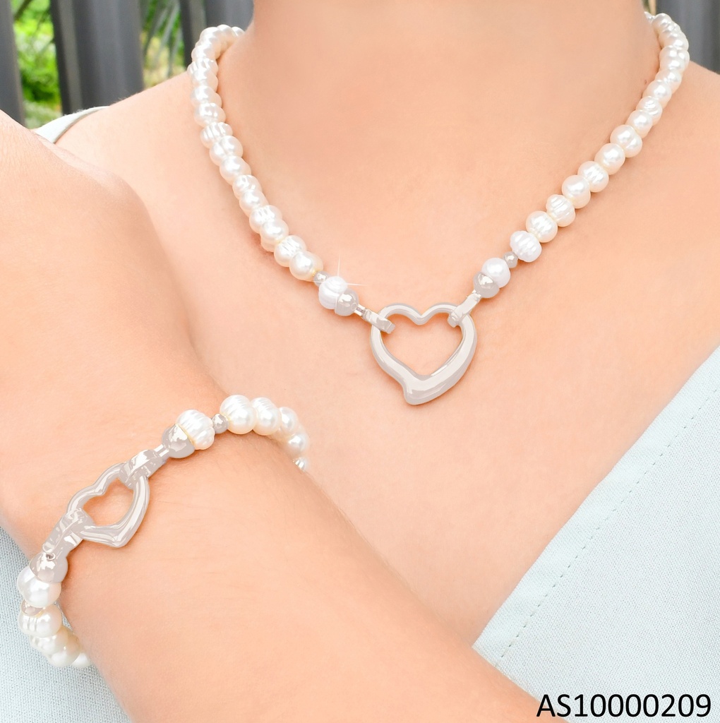 SET PLATEADO PERLAS CADENA/PULSERA DIJE CROQUI CORAZON SA1075-45