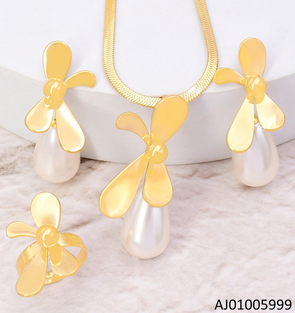 SET LAZO CURVO DORADO C/GOTA PERLA-ANILLO 10449-371