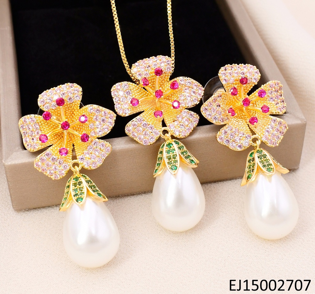 SET FLOR ZIRC C/PISTILOS ZIRC COLGANTE PERLA BLANCA SE1256-6