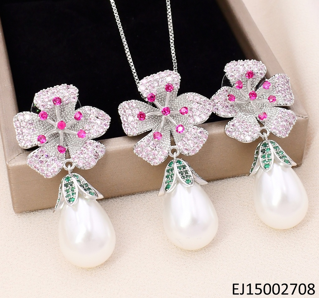 SET PLAT.FLOR ZIRC C/PISTILOS ZIRC COLGANTE PERLA BLANCA SE1257-6