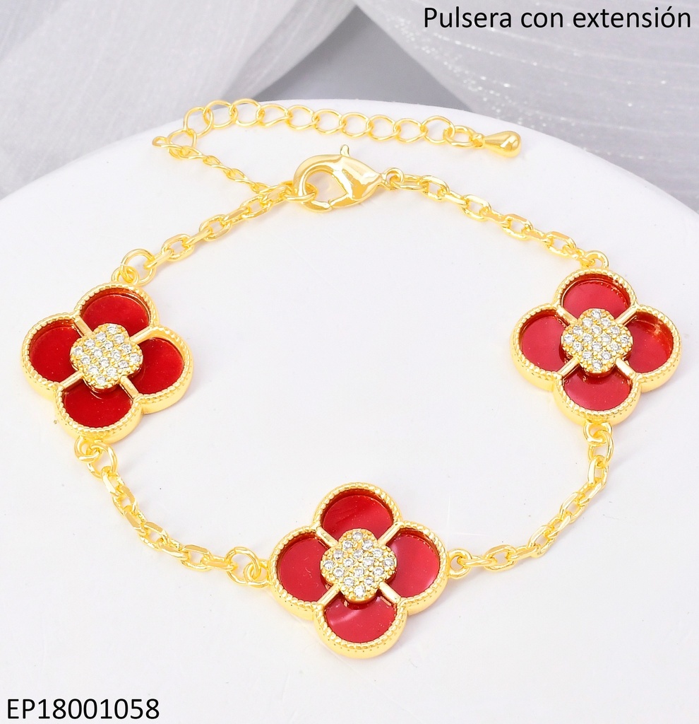 PULSERA FLORES ROJAS 4 PET. CENTRO ZIRC.BE627-9