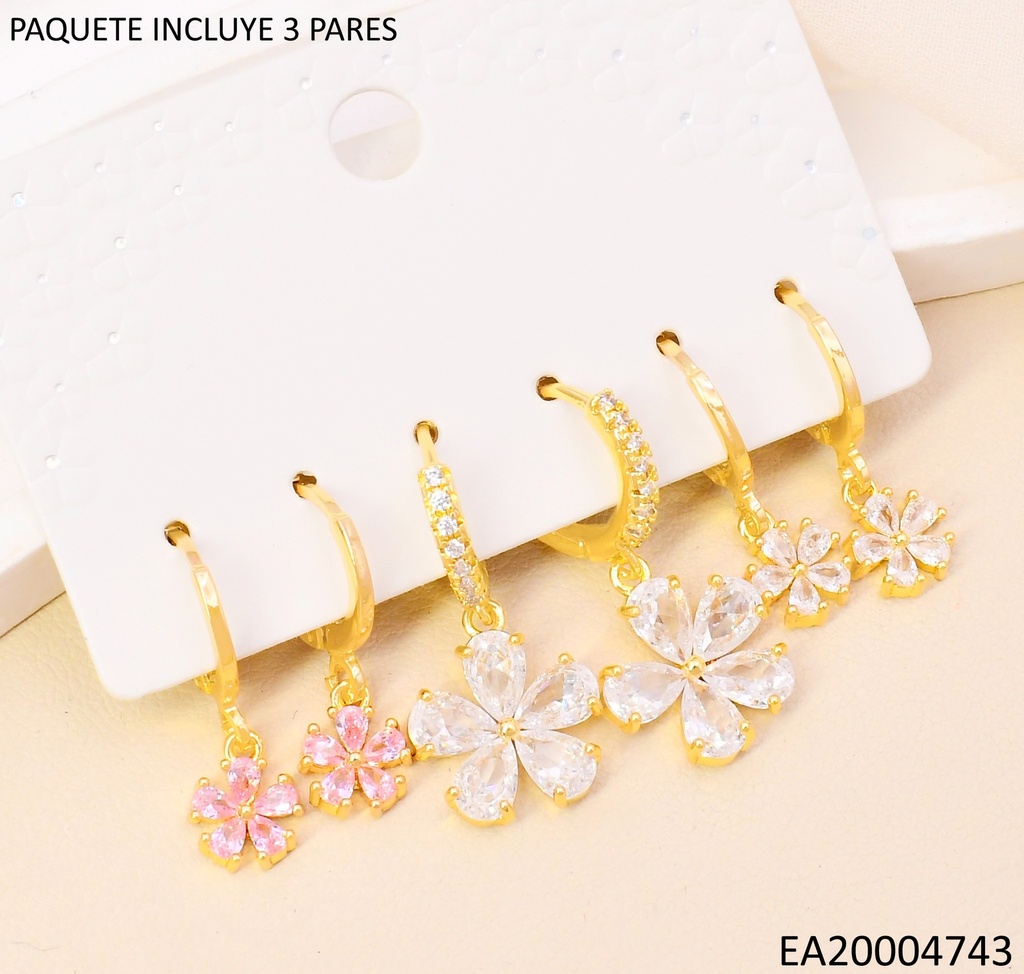 PENDIENTES CIRCONITA CUBICA EN ORO 14K(SET3) / FLOR SE1274-6