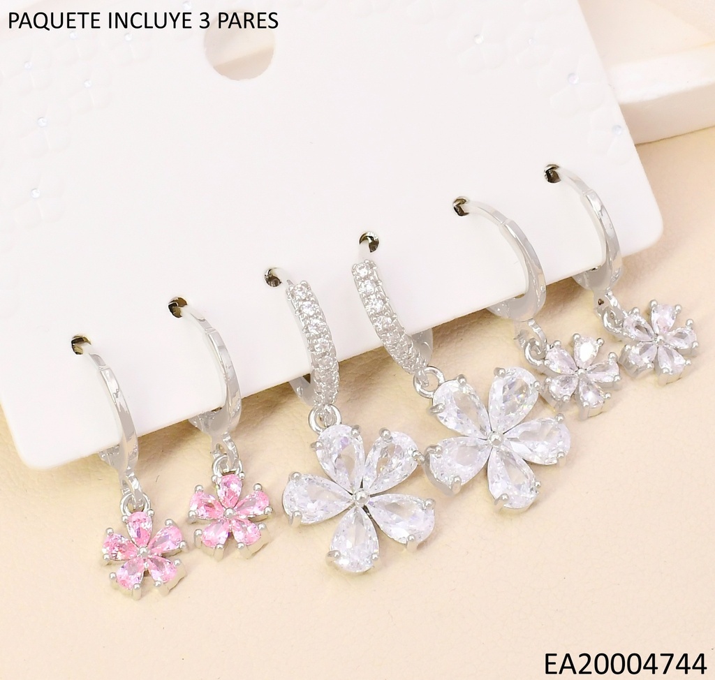 PENDIENTES CIRCONITA CUBICA EN ORO 14K(SET3) / FLOR PLAT SE1275-6