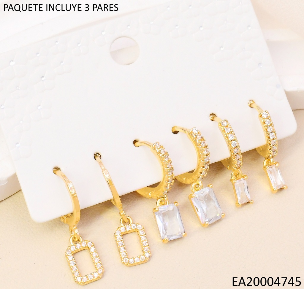 PENDIENTES CIRCONITA CUBICA EN ORO 14K(SET3) / RECT. SE1264-6